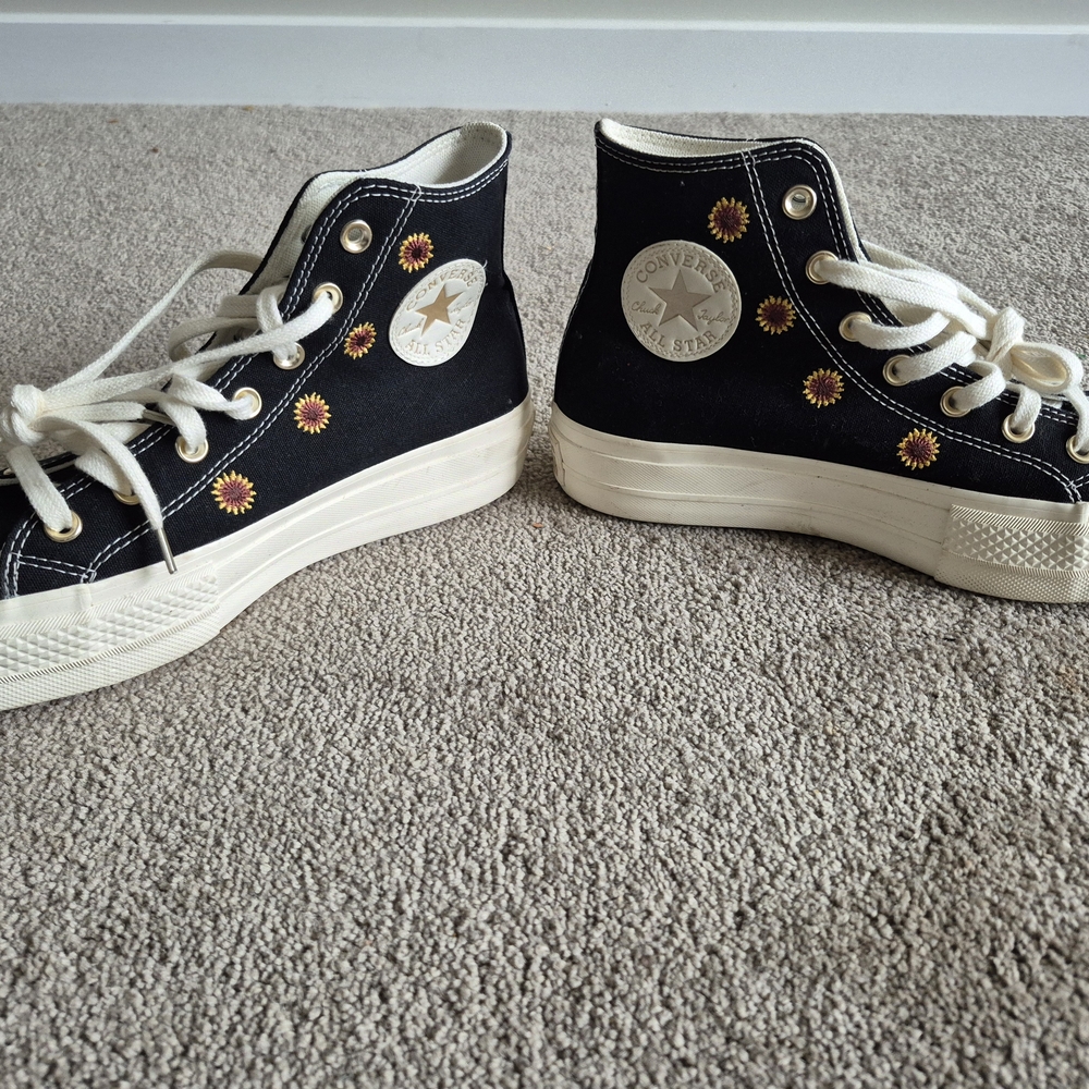 Converse Black High-Top Sneakers with Sunflower Embroidery
